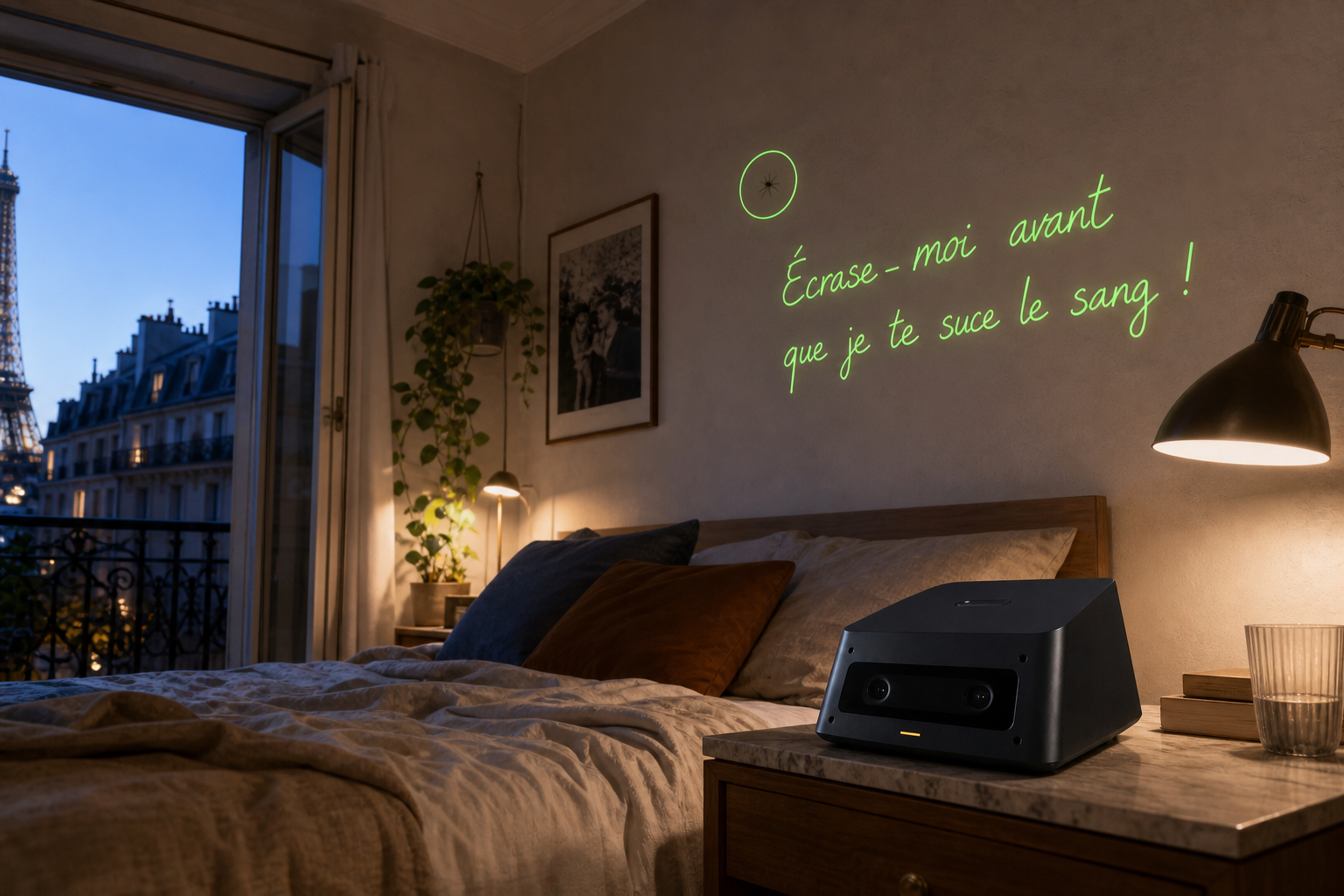 Tripwire laser graffiti circling a mosquito and writing a playful French taunt in a Paris bedroom