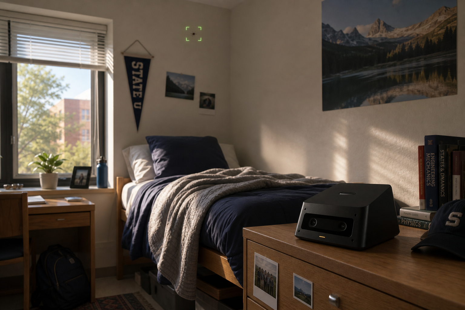 Hunt mode in a lived-in daylight dorm room